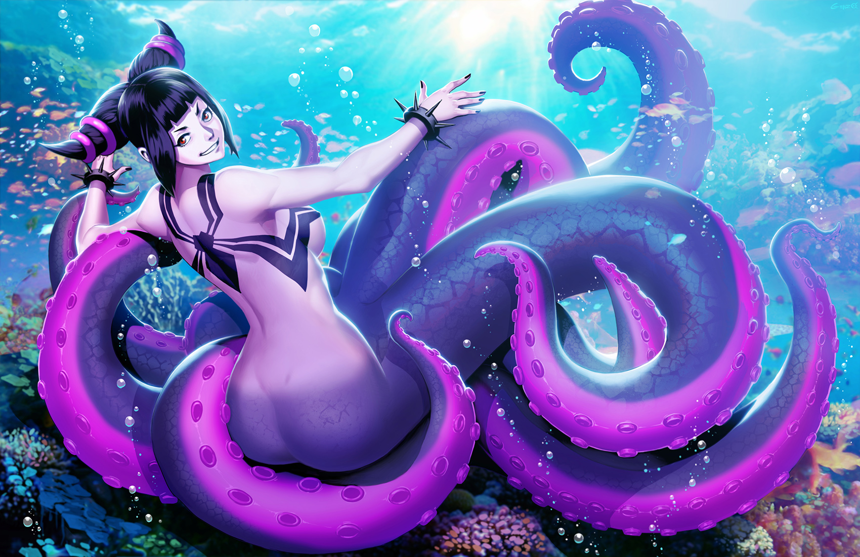 1girl 2021 alternate_species ass black_hair breasts capcom cecaelia cephalopod coleoid featureless_breasts female fish genzoman hair high_res juri_han looking_at_viewer marine merfolk mollusk octopodiform red_eyes smile solo split_form street_fighter teeth tentacle underwater water