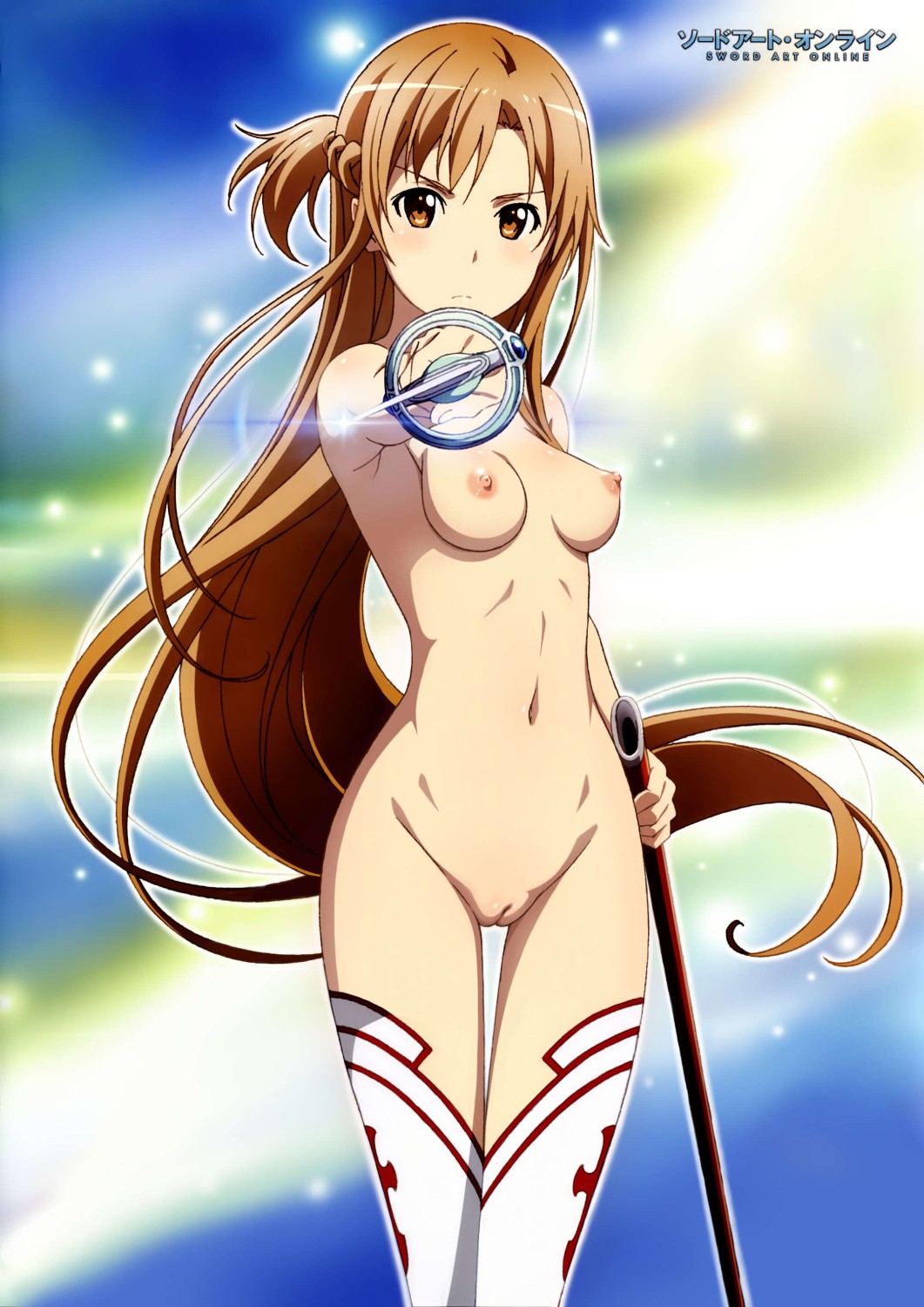 holding_weapon long_hair looking_at_viewer naked_thighhighs navel nipples n...