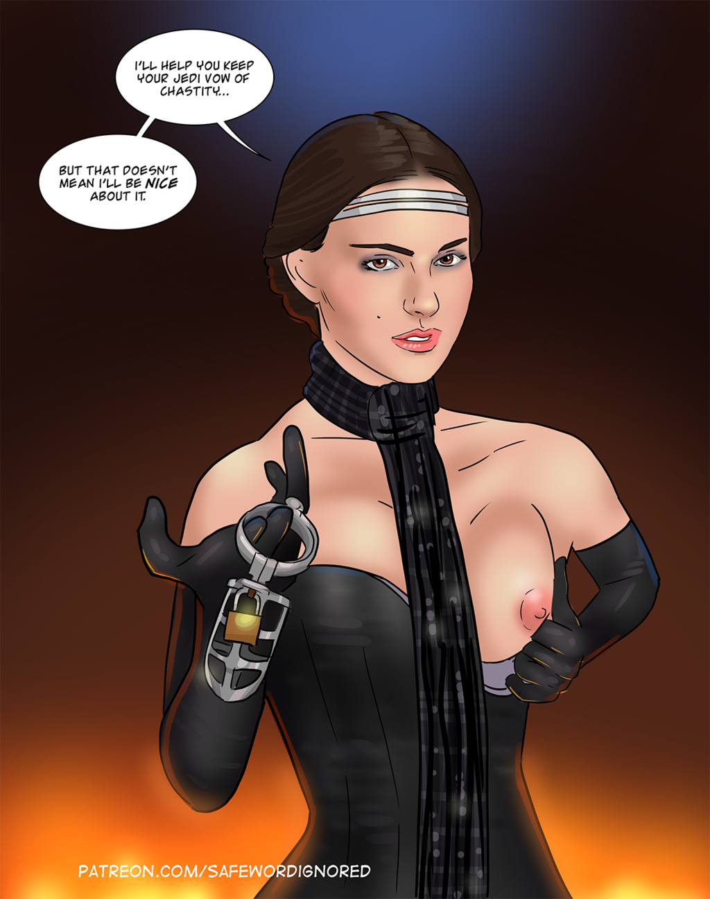 1girl attack_of_the_clones breasts clothed dress english_text female lookin...