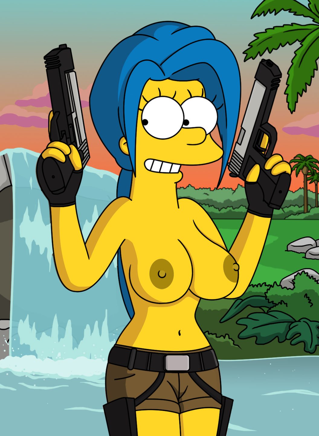 breasts grin guns marge_simpson nipples shorts the_simpsons topless.