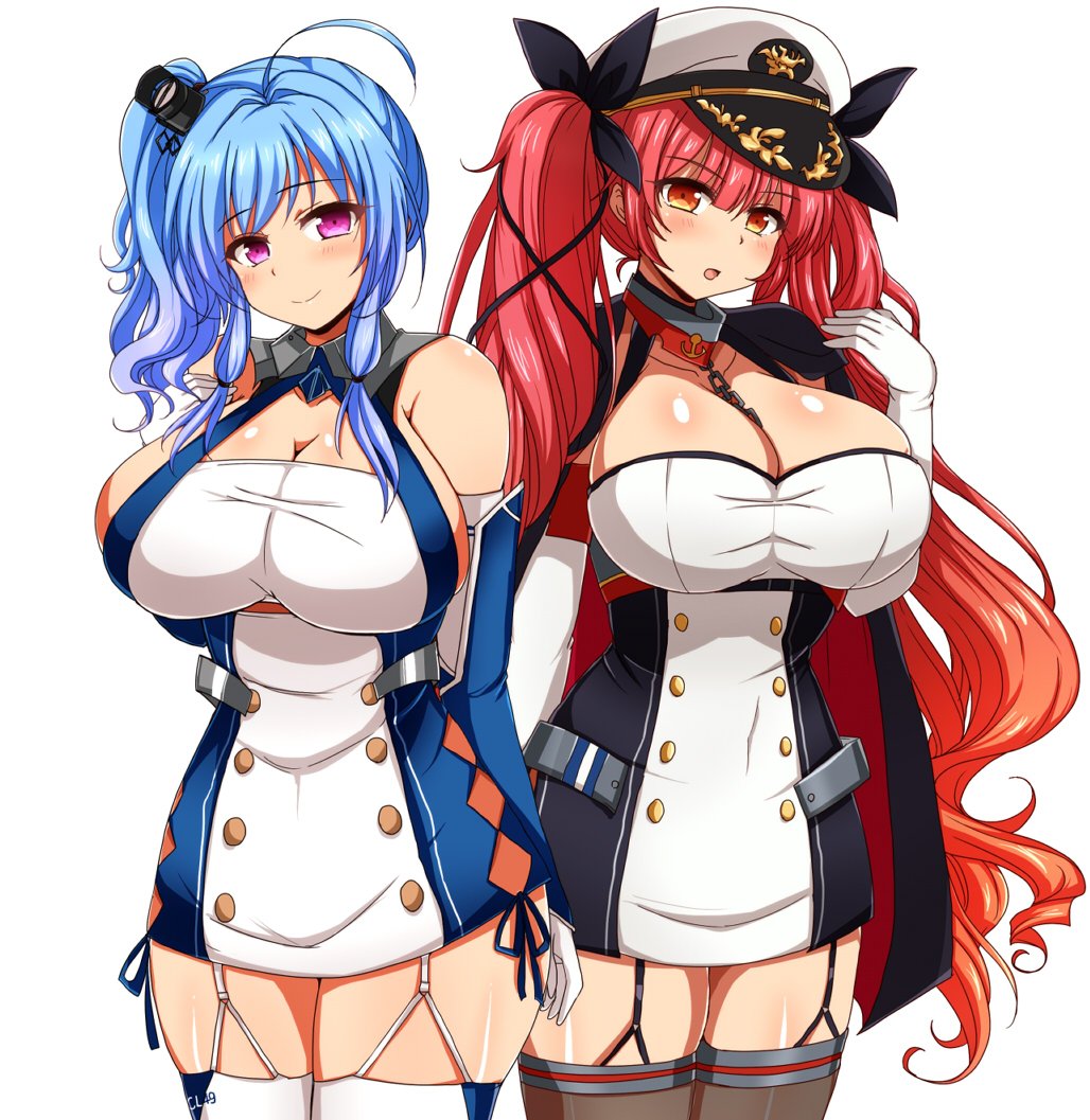 2_girls anime blue_hair breasts large_breasts multiple_girls original red_h...
