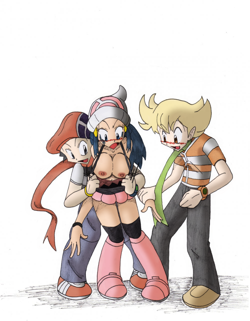 barry(pokemon) big_breasts dawn dawn(pokemon) embarrassed exposed_breasts h...