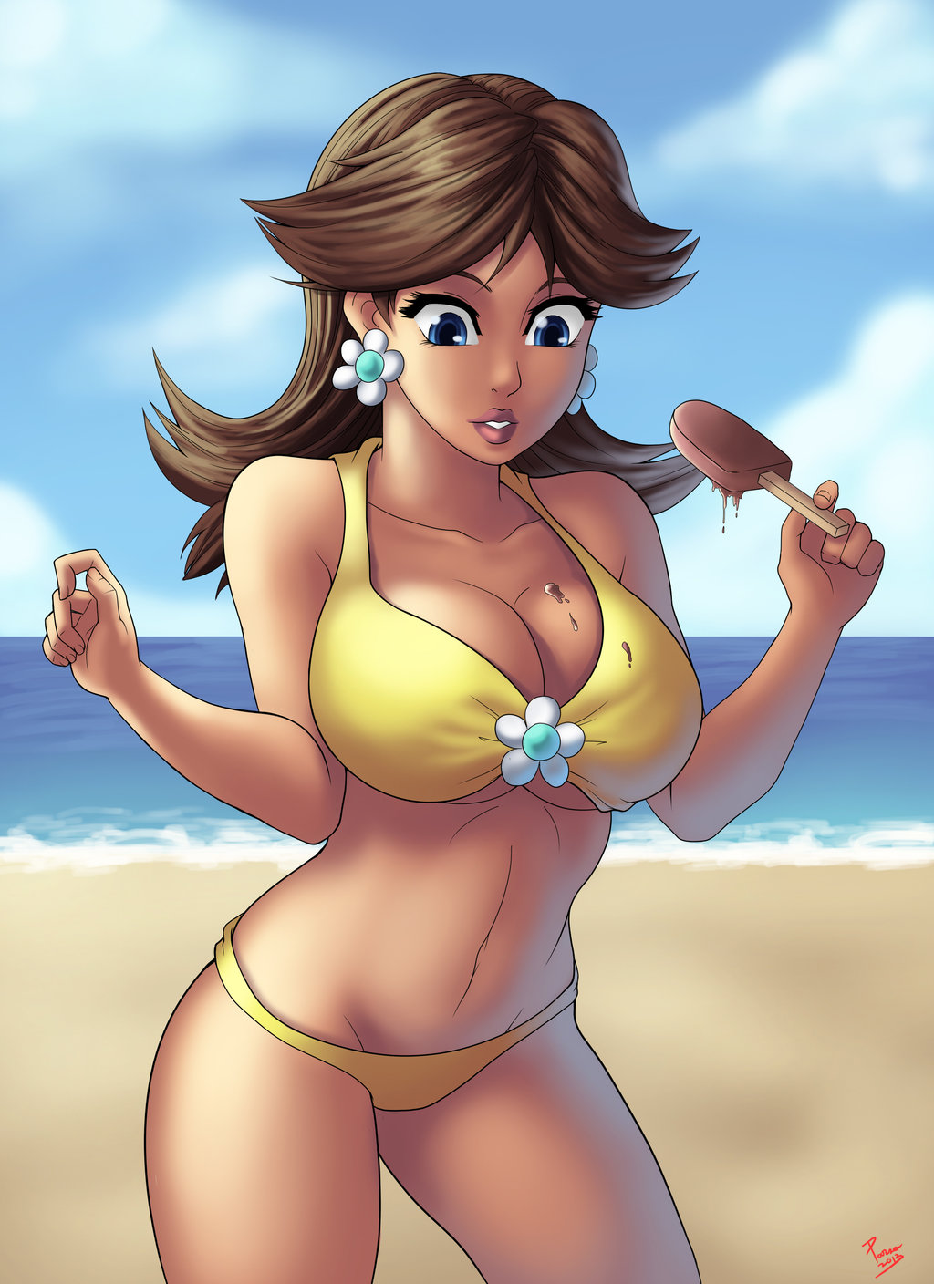 1girl alluring beach breasts female ice_cream nintendo parsujera(artist) pr...