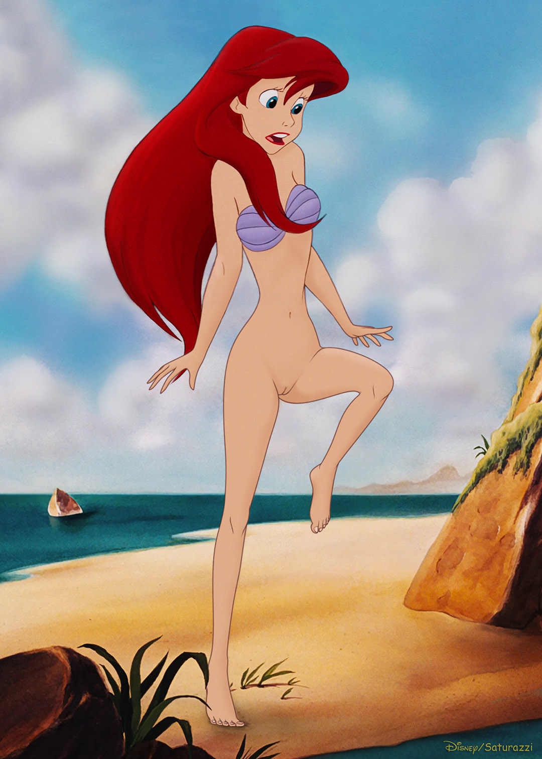princess_ariel pussy red_hair saturazzi seashell_bra standing standing_on_o...