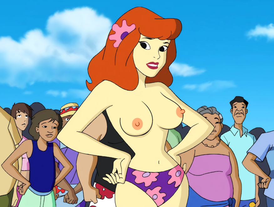 breasts daphne_blake edit female hands_on_hips mostly_nude printed_swimsuit...