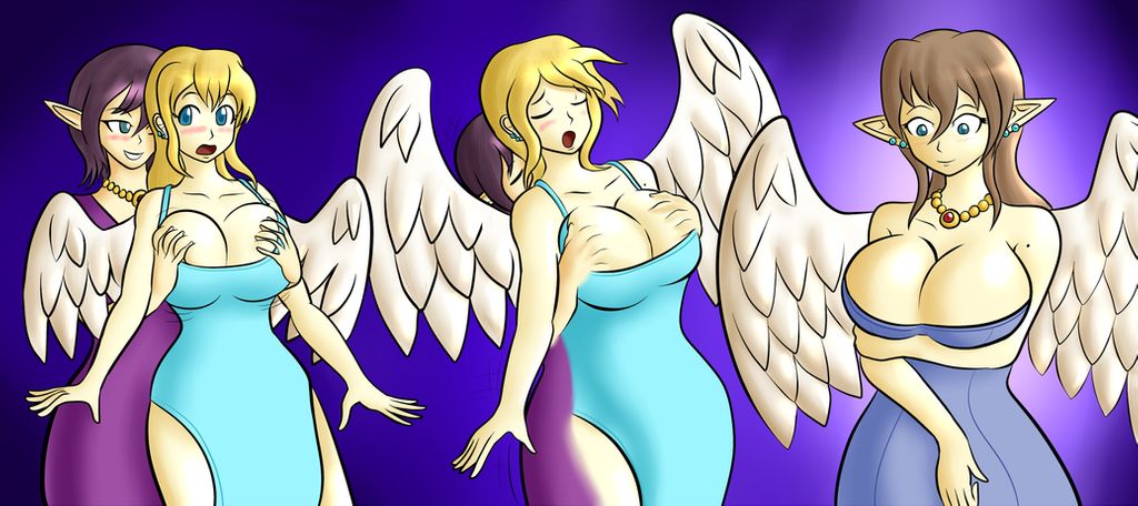 2_girls angel angel_wings breast_expansion breast_grab elf elf_ears fusion.