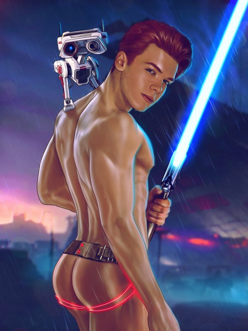 human jedi lightsaber looking_at_viewer male male_human male_only mostly_nu...