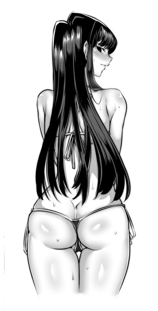 1girl 1girl ass big_ass bikini black_hair blush embarrassed komi-san_wa_kom...
