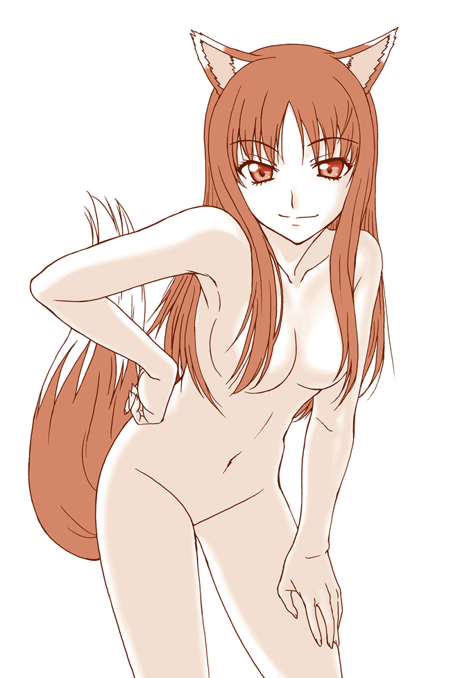 1girl animal_ears breasts cleavage female flat_color holo horo misnon_the_g...