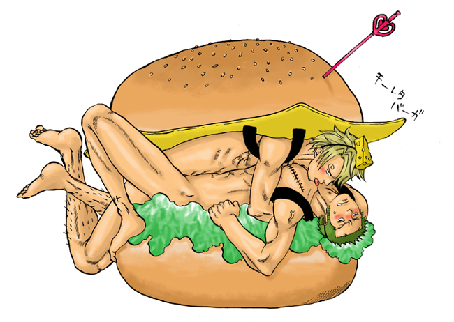 2boys blonde_hair burger cheese food green_hair hamburger male male_focus m...