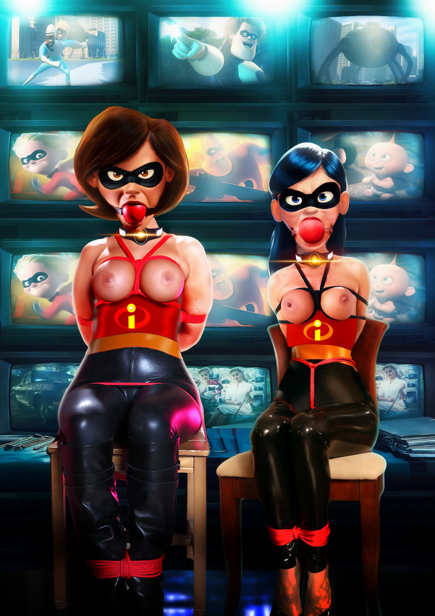 ball_gag bondage breasts helen_parr the_incredibles topless violet_parr.