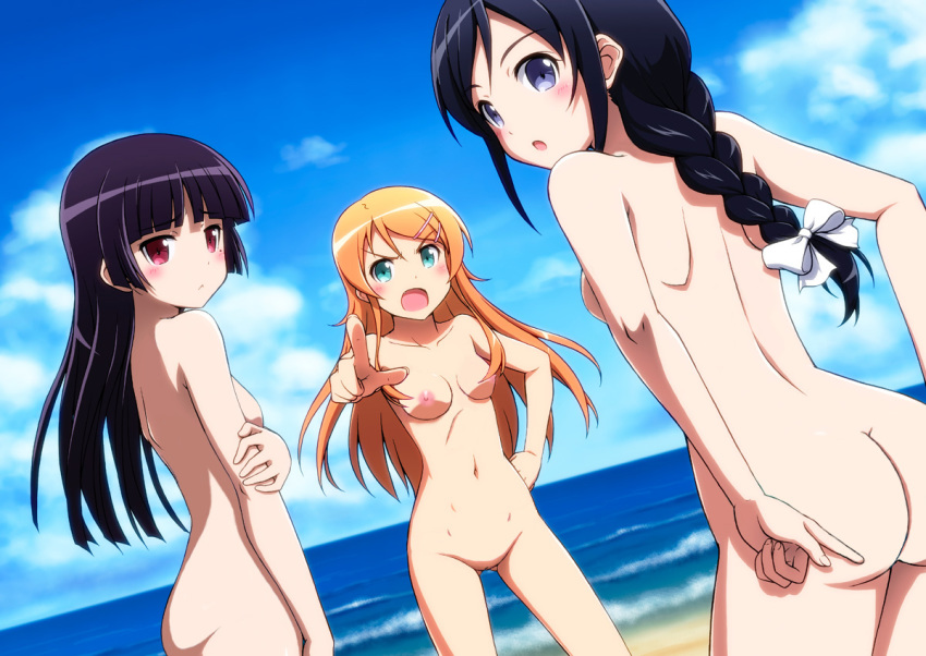 Xbooru 3girls Aragaki Ayase Ass Beach Blush Breasts Exhibitionism Gokou Ruri Green Eyes Hair