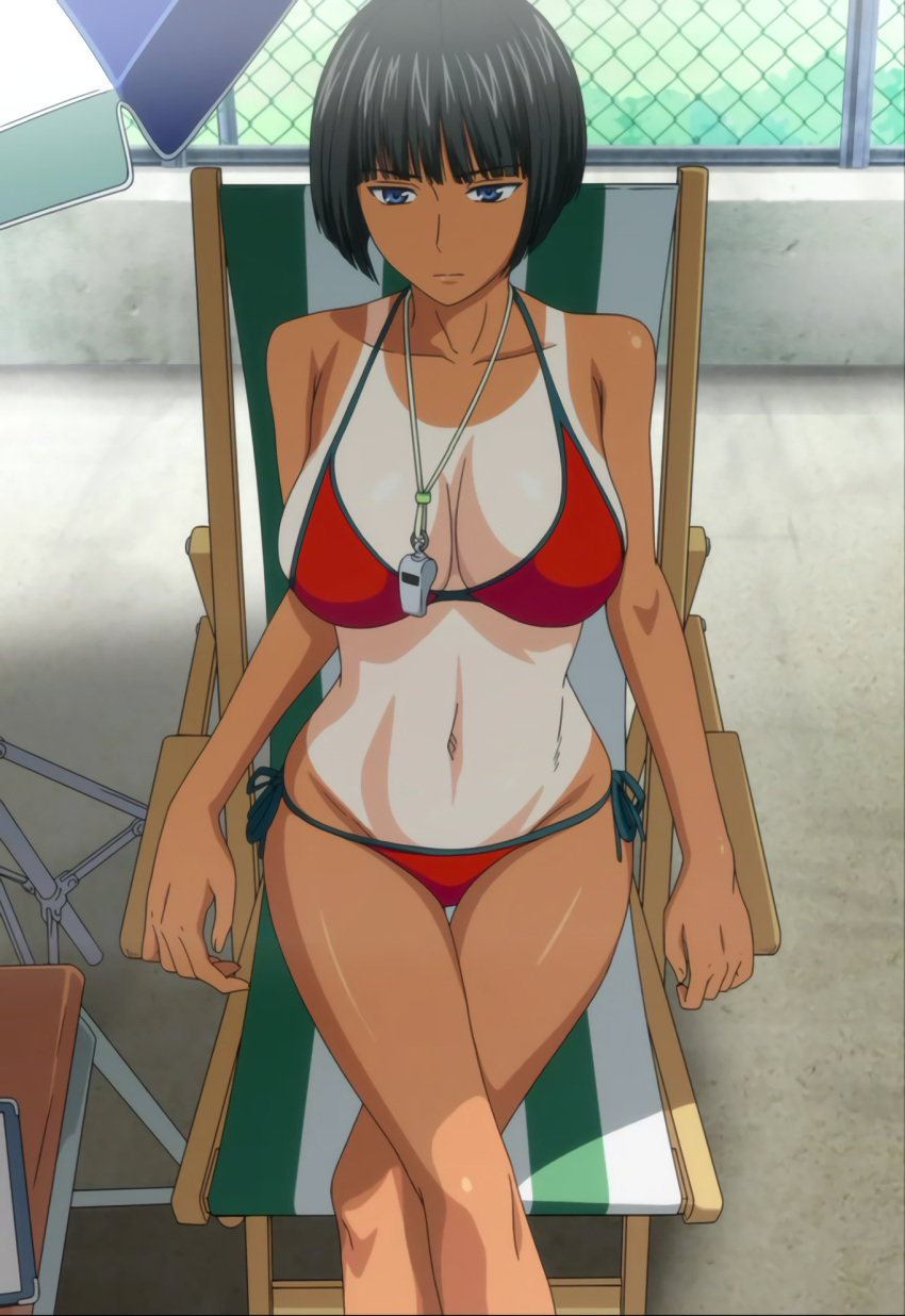 Xbooru 1girl Anime Beach Chair Bikini Black Hair Blue
