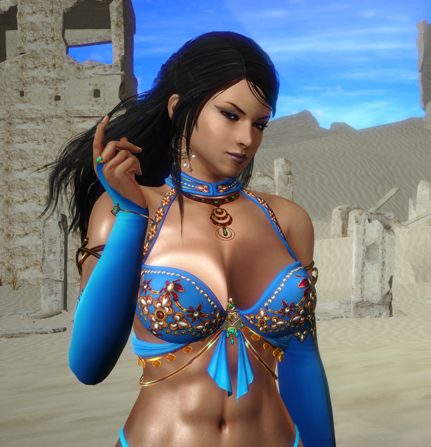 ...black_hair female_abs fit_female harem_outfit honey_select namco outside...