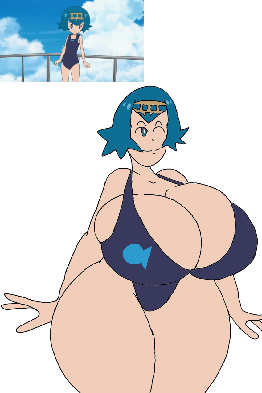 big_breasts bikini blue_eyes blue_hair lana(pokemon) massive_breasts metalp...