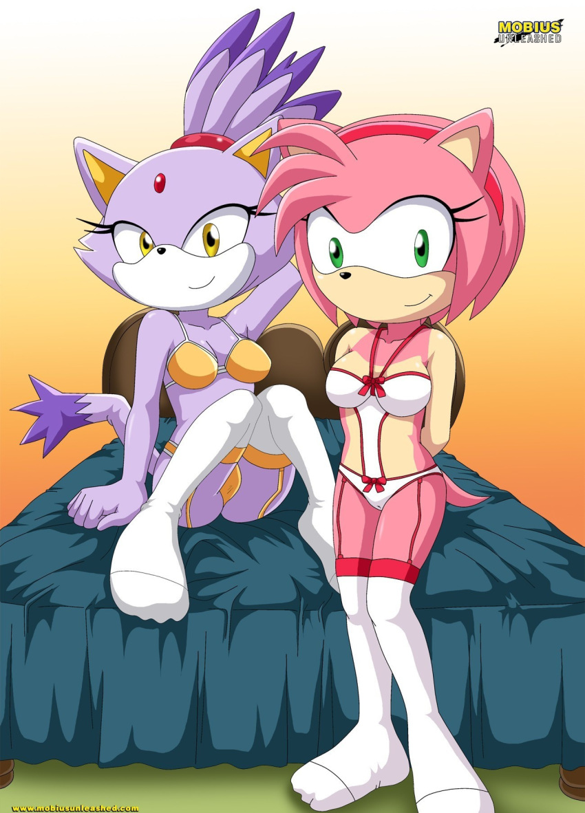 2girls amy_rose animal_ears bbmbbf bed blaze_the_cat breasts furry green_ey...