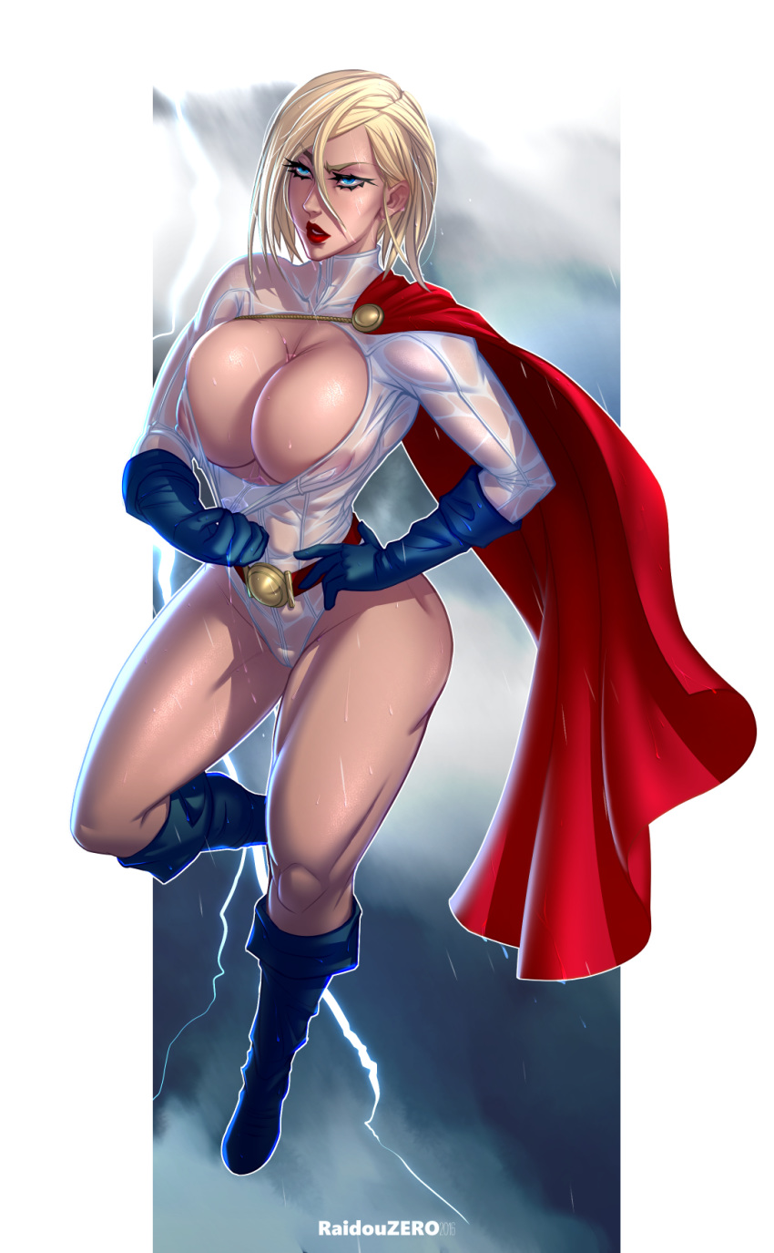 1_female 1girl big_breasts blonde_hair breasts cape cleavage dc_comics expo...