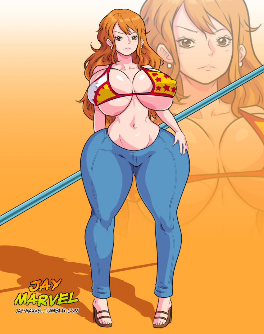 big_breasts blowup_background breasts cleavage jay-marvel jeans nami one_pi...