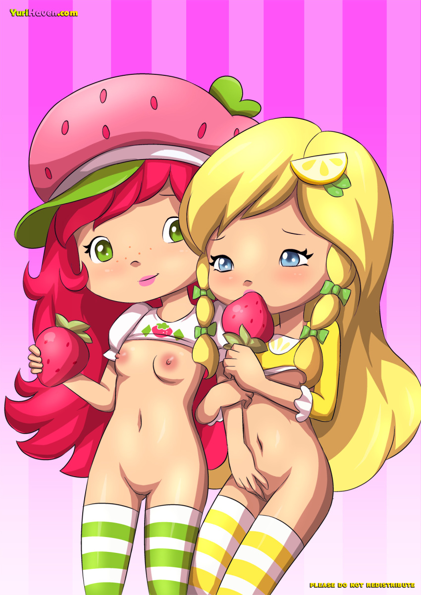2girls ass belly blonde_hair blue_eyes bottomless braid breasts clothed clo...