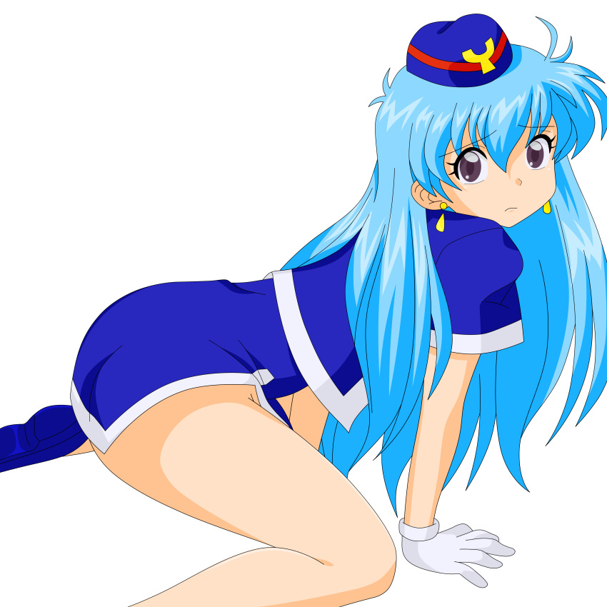 1girl 90s absurd_res ass bangs black_background blue_hair blue_shoes bow br...
