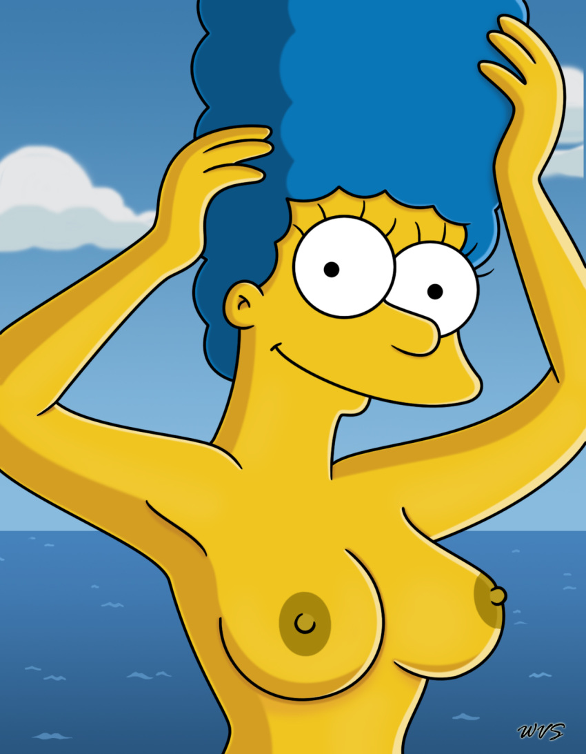 blue_hair breasts dark_nipples hair marge_simpson milf nude ocean outside s...