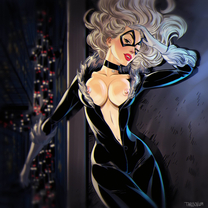 black_cat bodysuit breasts clothed domino_mask exposed_breasts felicia_hard...