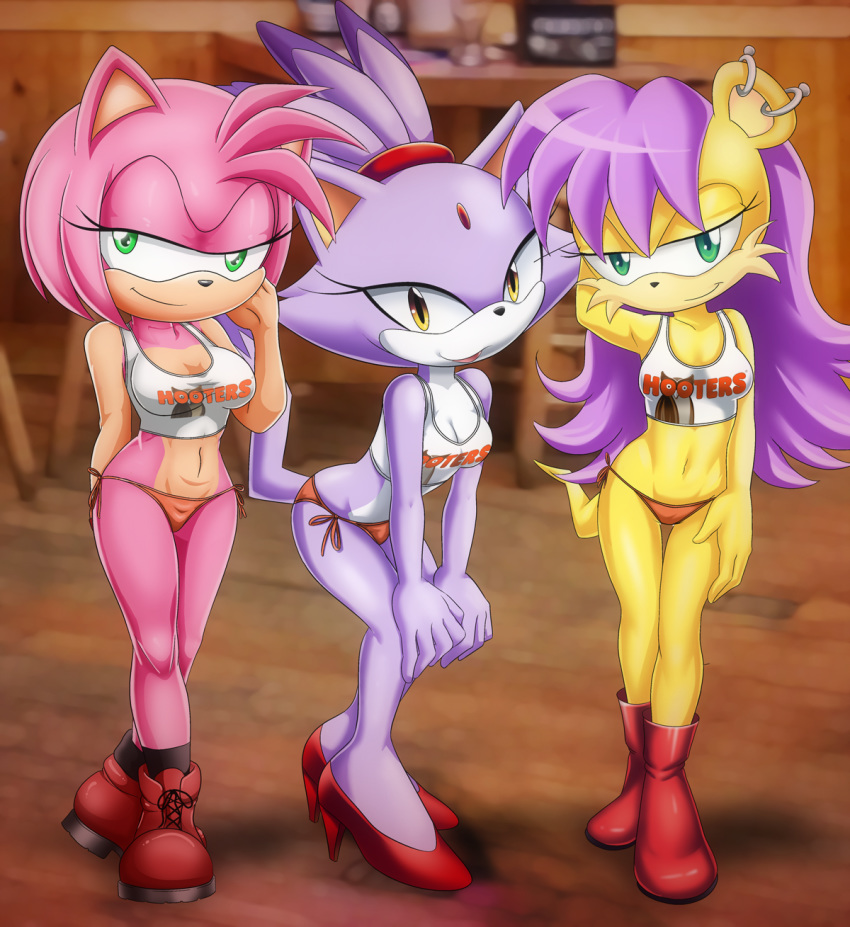 3girls amy_rose archie_comics bbmbbf blaze_the_cat hooters mina_mongoose mo...