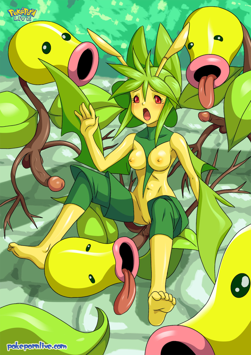 1girl 4boys anthro areolae bbmbbf bellsprout breasts cowgirl_position gangb...