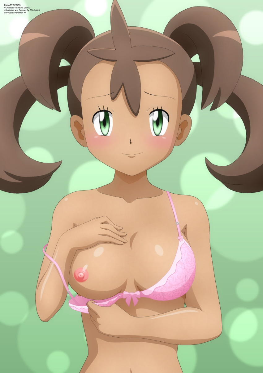 blush bra embarrassed flashing looking_at_viewer pink_bra pokemon pokemon_x...