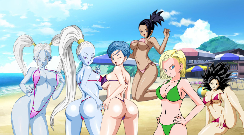 android_18 anime beach bikini bulma caulifla dragon_ball_super kale marcari...