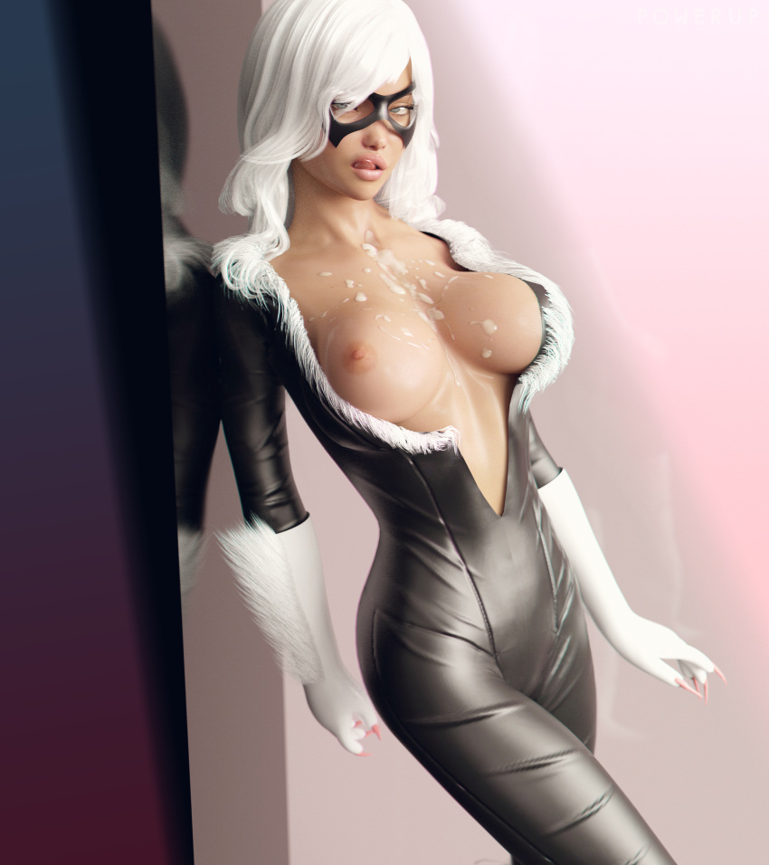 1girl 3d areola big_breasts black_cat bodysuit breasts cum cum_on_breasts f...