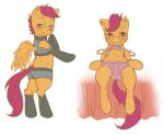 ass clothing crookedtrees_(artist) cub equine female friendship_is_magic horse my_little_pony pony railgunner scootaloo smile solo white_background  rating:questionable score:4 user:zetastar