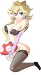 black_bra blonde_hair blue_eyes bottomless bra breasts crown elbow_gloves lace lace-trimmed_bra lace-trimmed_thighhighs large_breasts lingerie long_hair mushroom nintendo no_panties princess_peach smile solo stockings super_mario_bros. thighhighs rating:Explicit score:19 user:loner