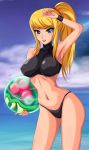 1girl alien arm_up armpits ball bangs belly big_breasts bikini blonde_hair blue_eyes blush breasts cloud erect_nipples eyes female_only hair highres holding impossible_clothes lipstick long_hair looking_at_viewer makeup metroid metroid_(creature) midriff navel nintendo objectification ocean outdoors outside ponytail samus_aran scrunchie sigurd_hosenfeld sigurdhosenfeld skin_tight sky smile sports_bikini standing swept_bangs swimsuit thong toned turtleneck water wristband rating:Questionable score:33 user:Greedwell
