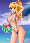 1girl alien areolae arm_up armpits bangs big_breasts bikini blonde_hair blue_eyes blush breasts cameltoe choker cleavage cloud curvy erect_nipples eyes female_only high_res highres holding lipstick long_hair looking_at_viewer makeup metroid metroid_(creature) navel nintendo ocean one-piece_swimsuit outside ponytail samus_aran scrunchie sigurd_hosenfeld sigurdhosenfeld sky sling_bikini smile solo standing strap_gap swept_bangs swimsuit toned water rating:Questionable score:52 user:Greedwell
