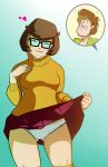 1boy 1girl biting_lip clothed female flashing glasses male panties scooby-doo shaggy short_hair skirt skirt_lift skirt_lifted_by_self standing thigh_gap velma_dinkley rating:Questionable score:10 user:SaturnaTheGam