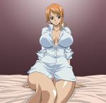 1girl bed big_breasts breasts brown_eyes cleavage curvy erect_nipples large_breasts legs looking_at_viewer nami nel-zel_formula no_pants one_piece orange_hair panties plump shirt short_hair sitting smile solo t-shirt thighs twintails underwear rating:Questionable score:16 user:Moonreker