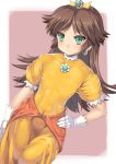 1girl abs androgynous aqua_eyes blush brooch brown_hair clothed_navel covered_navel dress dutch_angle earrings flat_chest gloves green_eyes hand_on_hip jewelry long_hair looking_at_viewer nagase_haruhito navel nintendo princess princess_daisy simple_background skin_tight small_breasts solo super_mario_bros. super_mario_land teal_eyes tiara tight toned two-tone_background white_border white_gloves yellow_dress rating:Safe score:7 user:SimsPictures