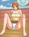 1girl bare_shoulders barefoot big_breasts black_eyes blush breasts cleavage cloud feet jaya large_breasts looking_at_viewer miniskirt nami one_piece orange_hair outdoors panties pantyshot pirate short_hair sitting skirt sky smile solo spread_legs tattoo toes underwear white_panties x_bokkis rating:Questionable score:9 user:SimsPictures