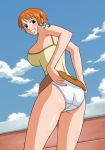 1girl ass big_breasts breasts clenched_teeth cloud going_merry_(ship) jaya large_breasts legs looking_back nami nami_(one_piece) one_piece orange_eyes orange_hair outdoors panties pantyshot pirate short_hair skirt skirt_lift sky smile solo standing straw_hat_pirates tank_top tattoo teeth thighs underwear white_panties x_bokkis rating:Questionable score:9 user:SimsPictures