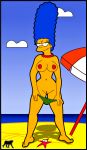 beach beach_umbrella bikini_bottom_down breasts luberne marge_simpson ocean solo starfish the_simpsons topless tropicoboy yellow_skin rating:Explicit score:8 user:theclit