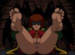barefoot batman_(series) bottomless cape cosplay crossover dc dc_comics freckles glasses gloves legs_up looking_at_viewer pussy retrofaptor robin robin_(cosplay) scooby-doo spread_legs velma_dinkley rating:Explicit score:13 user:ShadowNanako