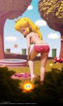 3d bent_over blonde_hair crown looking_at_viewer looking_back pool princess_peach sideboob topless undressing rating:Questionable score:21 user:TacoMaster