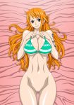 1girl abs alluring big_breasts bikini blush bottomless bra breasts brown_eyes censored female female_abs high_res highres large_breasts long_hair lying naked_from_the_waist_down nami nami_(one_piece) nel-zel_formula one_piece orange_hair pink_sheets pussy smile solo swimsuit tattoo underwear rating:Explicit score:20 user:calum1998