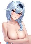 1girl big_breasts blue_hair breasts clavicle eula_(genshin_impact) female_only genshin_impact helloimtea nipples patreon_username solo_female topless topless_female twitter_username white_background rating:explicit score:3 user:ftr