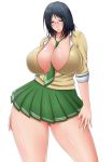  1girl black_hair breasts bursting_breasts cleavage female glasses huge_breasts necktie saogokushi school_uniform skirt solo thick_thighs thighs  rating:questionable score:7 user:simspictures