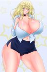  1girl bad_id blonde_hair blue_eyes breasts cleavage female glasses huge_breasts long_hair no_bra original saogokushi solo thick_thighs thighs  rating:questionable score:6 user:simspictures