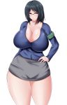  1girl black_hair blush breasts cleavage female glasses huge_breasts saogokushi skirt solo thick_thighs thighs tight  rating:questionable score:6 user:simspictures
