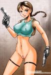 blush bottomless braid brown_eyes brunette erect_nipples gloves gun john_joseco lara_croft naked_from_the_waist_down pussy pussy_hair thong-revolution tomb_raider uncensored weapon rating:Explicit score:17 user:rule35