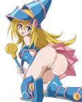 1girl anus ass bare_shoulders blonde_hair boots dark_magician_girl female green_eyes hat kneeling long_hair looking_at_viewer naughty_face no_panties open_mouth pussy rayphenos sideboob smile staff sweat uncensored upskirt yu-gi-oh! rating:Explicit score:23 user:SimsPictures